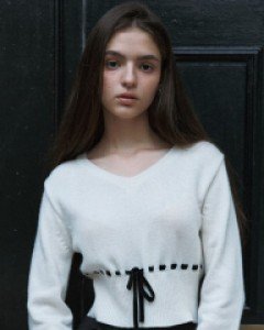 Velvet Stitch Ribbon V-neck Sweater ( Ivory )