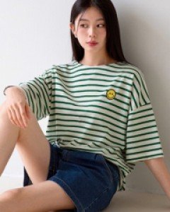 [Planning] Smile horizontal striped Short-sleeve T-shirt