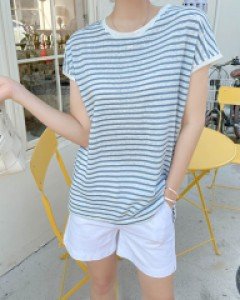 [valyou] horizontal striped linen cap sleeve T-shirt