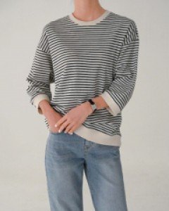 Smile tag 3/4 sleeve horizontal striped T-shirt