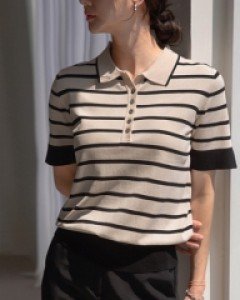 Horizontal striped Open Collar Knitwear