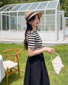 Lang Striped Boat Neck Short Sleeve Dress