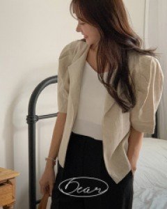 [Dear Short Women]No collar linen puff short-sleeved jacket