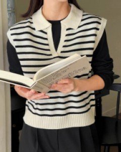 [Dear Short Women] Lan horizontal striped Collar Knitwear Vest