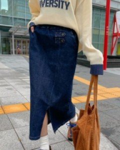 Seed denim slit banding long skirt