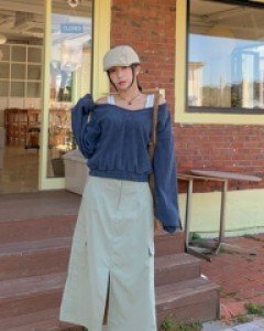 Olive cargo banding slit long skirt