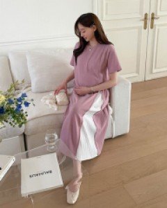 Maternity*Short-sleeve Pleats Color Matching Dress