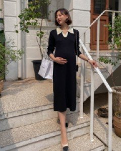 Maternity*Long-sleeve Soft Ribbed Knit Dress