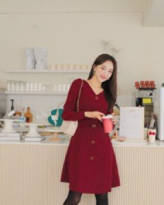 [EVELLET] Ganz Peach Button Flared Dress