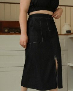 [EVELLET] Basenti Slit Denim Long Skirt