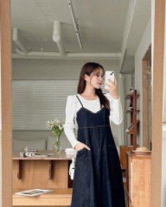 [EVELLET] Doveson Contrast Denim Long Dress