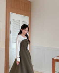 [EVELLET]Terrybone BeltSET Contrast Long Dress