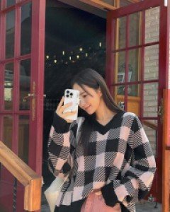 Nellenen Plaid Check V-neck Knit