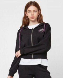 Piping crop hooded zip-up black