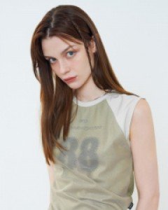 [NF] MESH OVERLAP SLEEVELESS TEE (KHAKI)_F23QB481