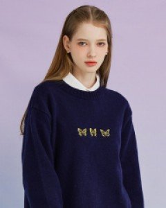 Triple Butterfly Embroidered Wool Sweater ( Navy )