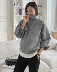 balloon zip-up knit cardigan